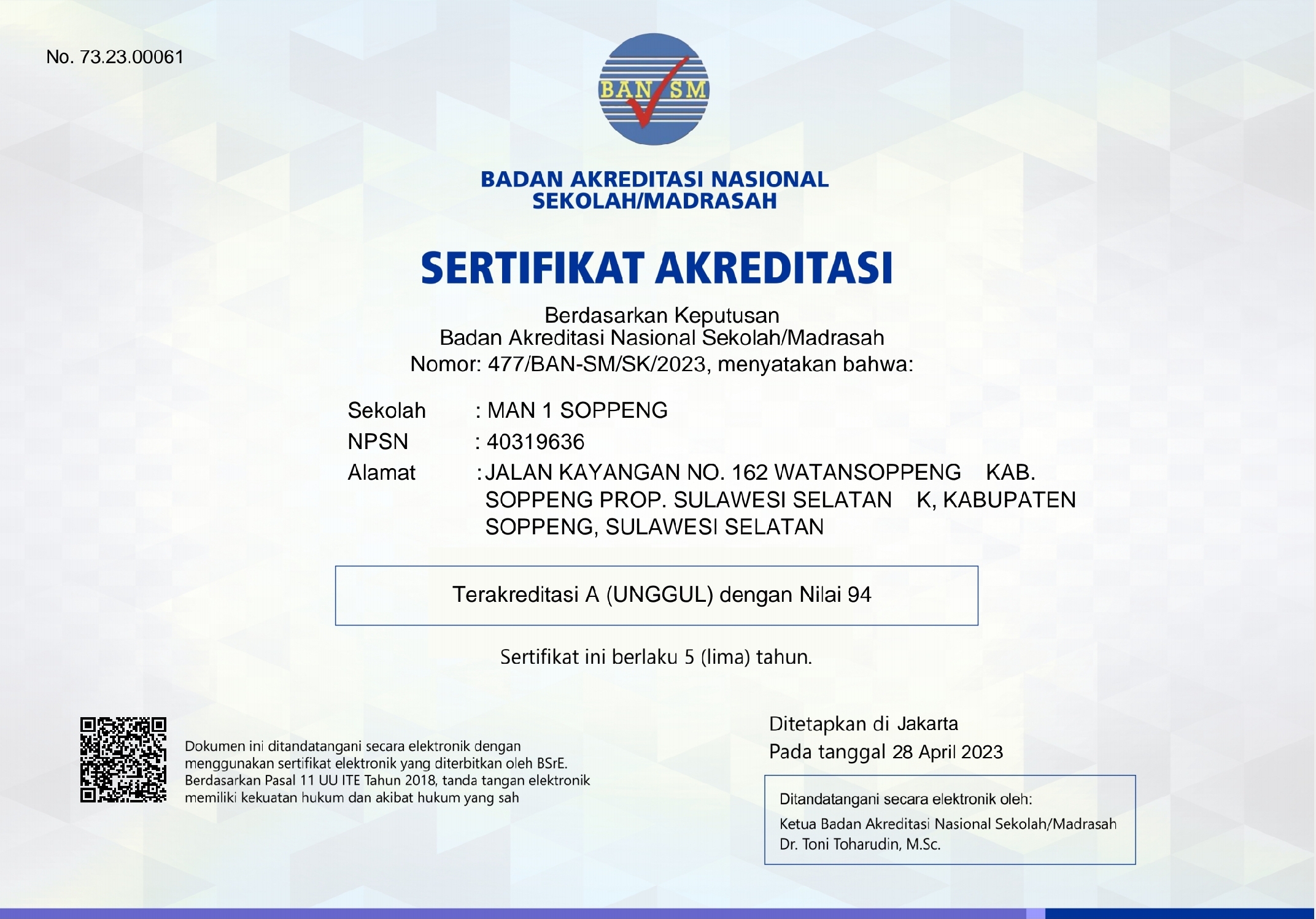 Sertifikat Akreditasi MAN 1 Soppeng